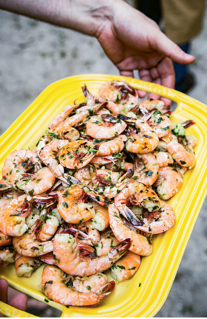 The fire-roasted peel-and-eat shrimp.