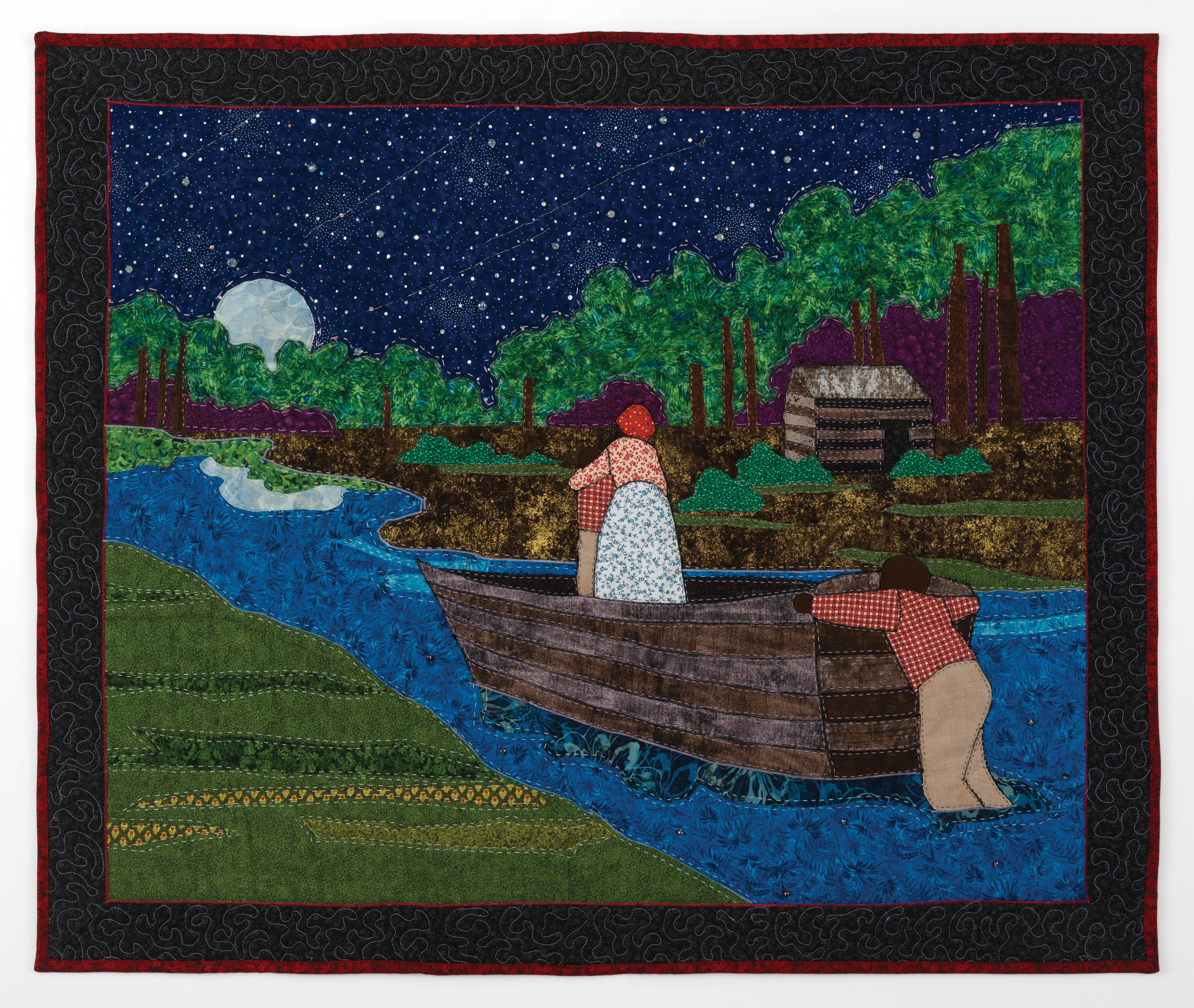 Wade In the Water by Stephen Towns (natural and synthetic fabric, polyester and cotton thread, and crystal glass, 39 x 46 inches, 2020)