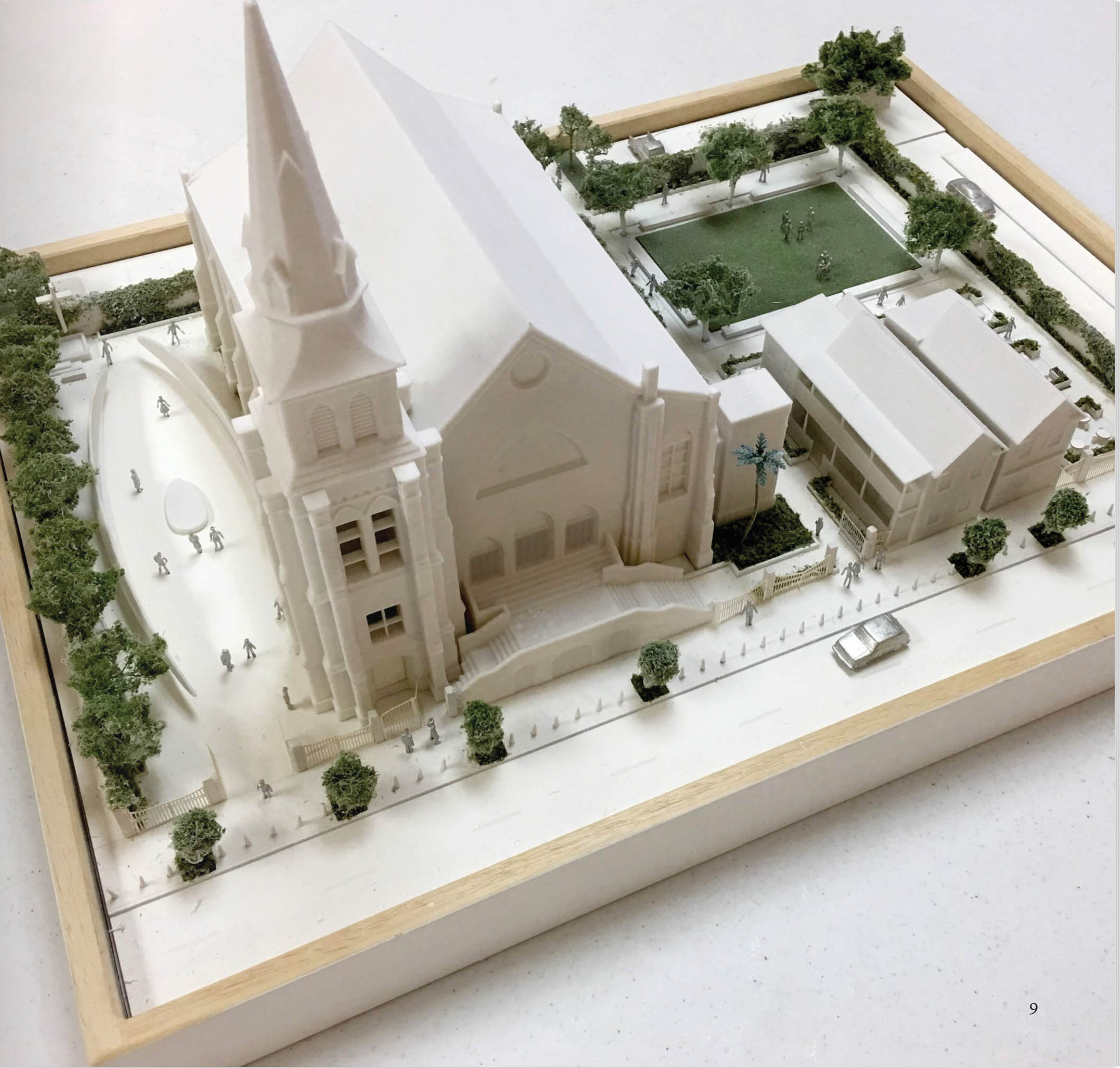 A pathway will lead from the courtyard to the “Survivors’ Garden,” a green space with stone benches and six trees symbolizing the five survivors and the church, also a survivor.