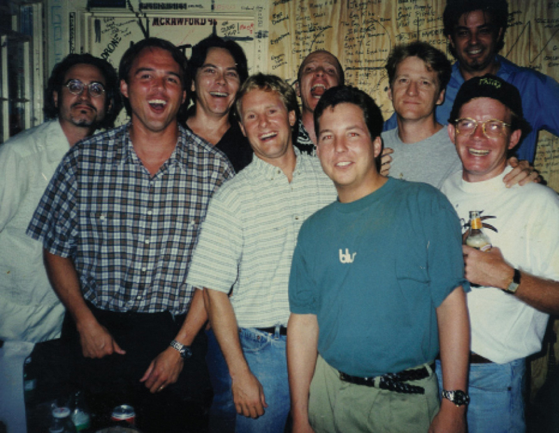 Kevin Wadley (center), Carter McMillan (far right) and friends with Cracker in the band room at their last show as owners in 1998.