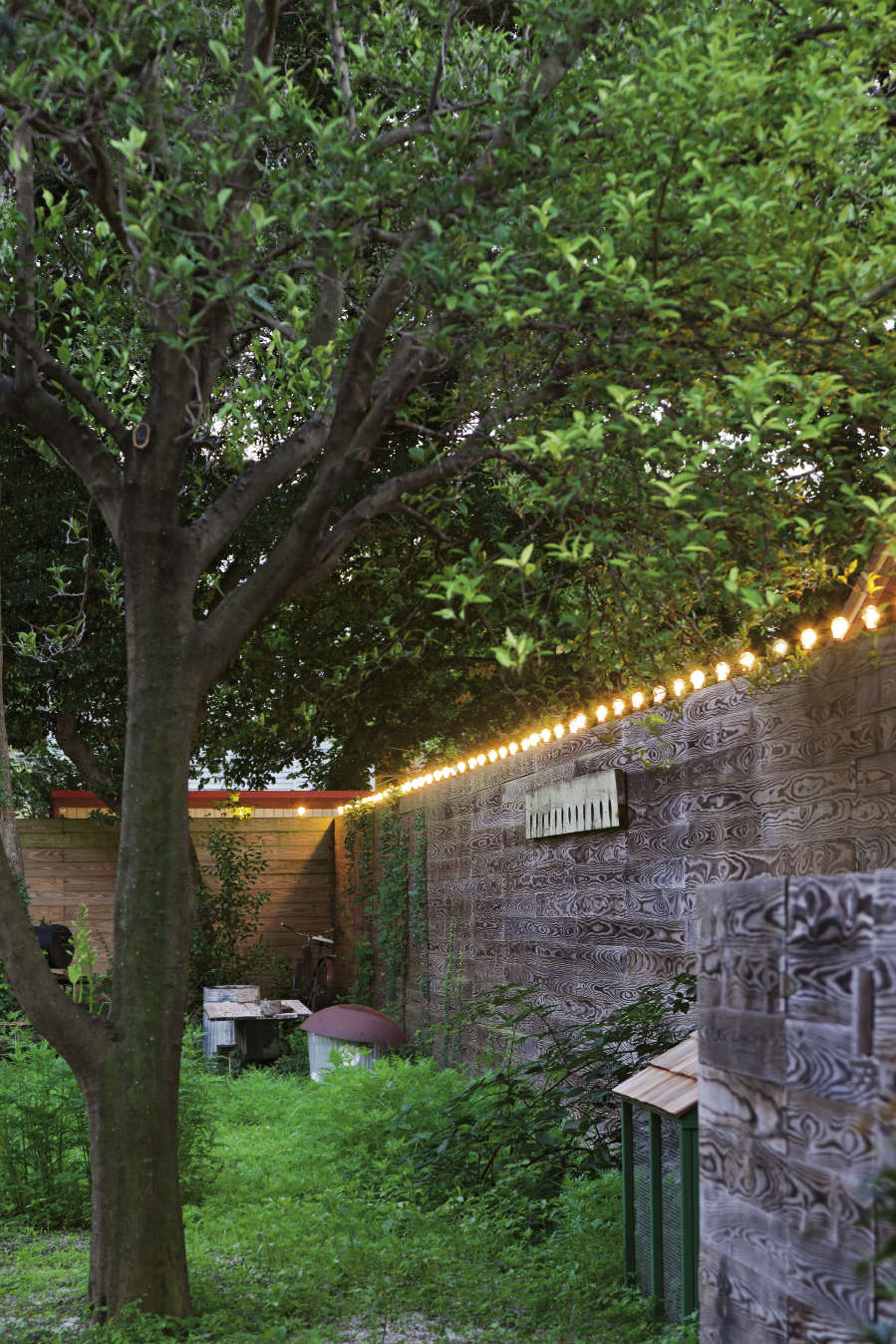 Rice and Nissenboim added a fence in the backyard for privacy; bulbs around its perimeter light up the space after dusk.