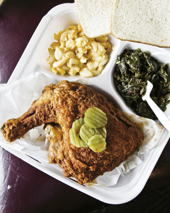 Pepper-hot fried chicken is a Nashville standard. Left: lunch at Bolton’s Spicy Chicken &amp; Fish—when the chicken makes you sweat, there’s always mac’n’cheese and greens.