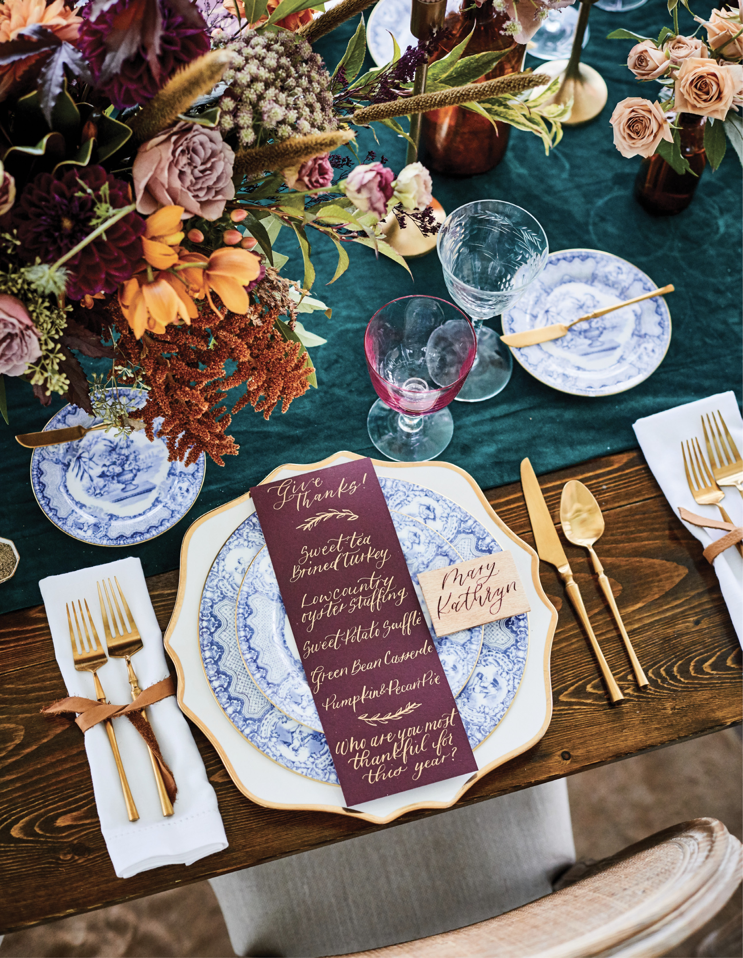 For her tablescapes, Lisa loves to mix it up, combining classic and modern, fancy and casual, such as antique china on a trendy gold-rim charger.
