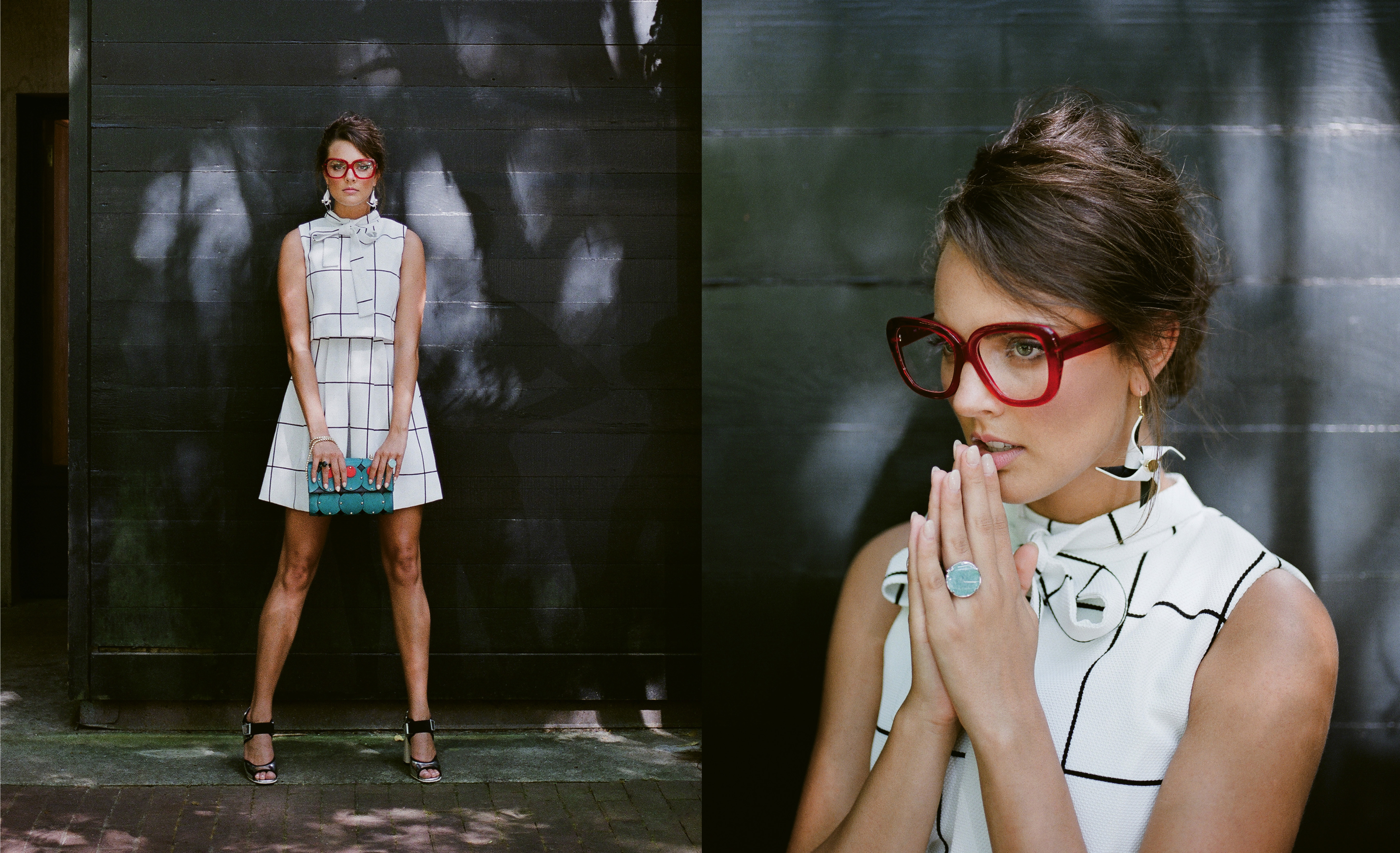 Square Space: Gracia belted windowpane print dress, $68 at Très Carmen; Ellia Wang turquoise pillow clutch, $594 at Maris Dehart; sterling-silver ring with black onyx, $60 at Gold Creations; and Marni silver block heel, $970 at Hampden Clothing. (Opposite) “Caroline“ glasses in “cherry red,“ $465 at Friedrich’s Optik; Ellia Wang Geometry Collection pinwheel earrings, $78 at Maris Dehart; and 14K white-gold ring with amazonite crystal and diamonds, $1,575 at Gold Creations