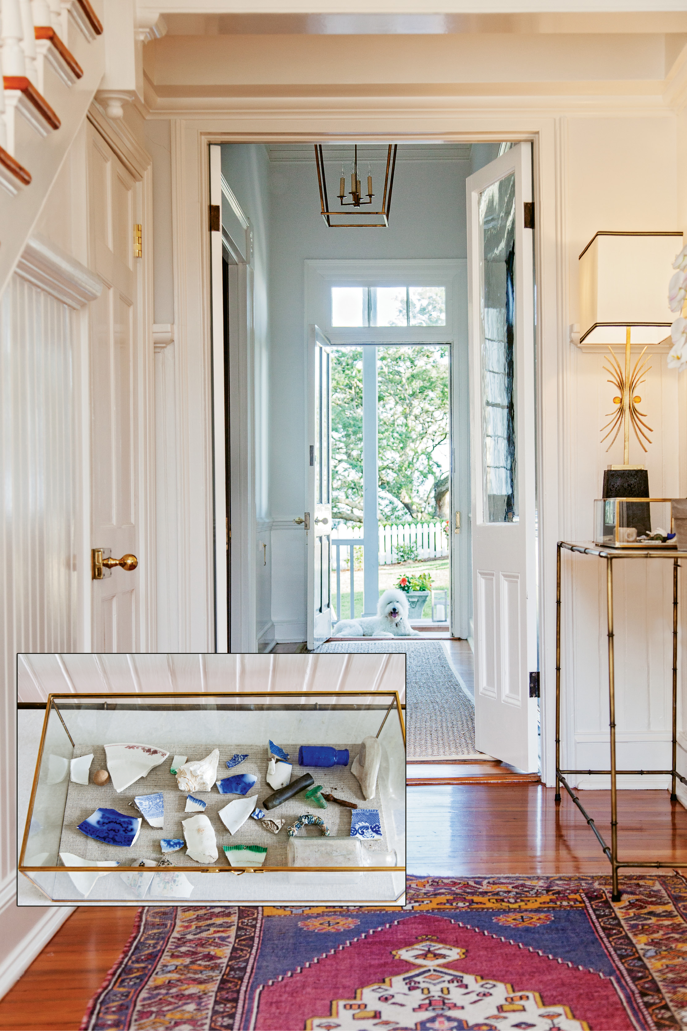 A central hall bisects the original farmhouse, which is flanked by symmetrical additions from two previous owners. A collection of pottery shards and glass (below) that Shannon and her brother unearthed on the property as children is displayed in the foyer.
