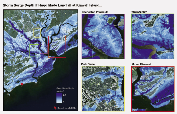 A NOAA inundation map shows what the storm surge over the peninsula and surrounding communities would have been—up to four feet higher in some areas—if Hugo had made landfall 20 miles south at Kiawah Island.