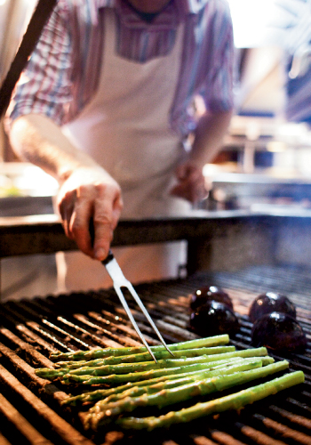 Asparagus only needs a minute or two on the grill.