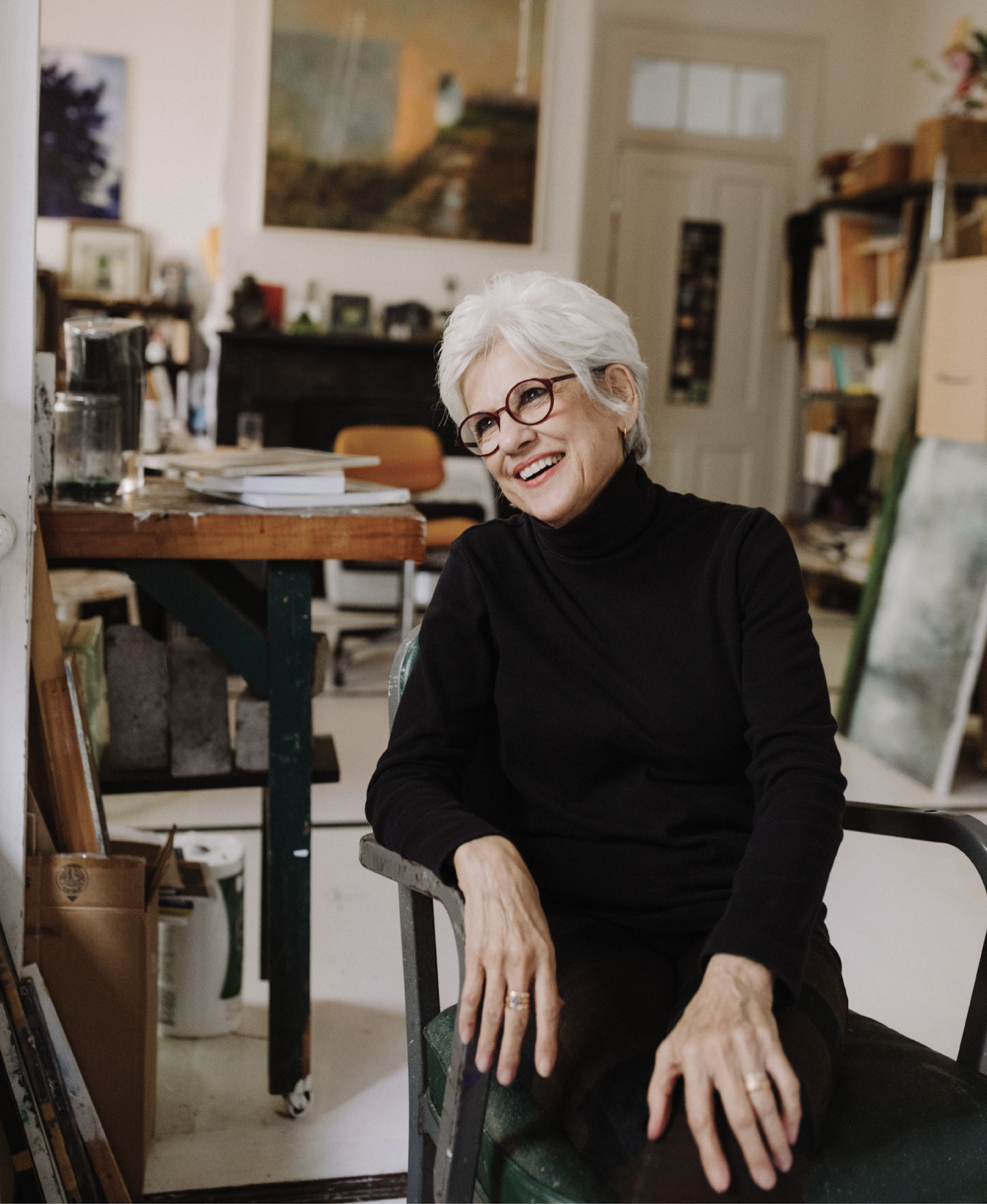Fresh Vision: While Linda Fantuzzo has been a mainstay of the Charleston art community for decades, she continues to push boundaries. Pictured here in her Bull Street studio, she takes a break from finishing a new work for her upcoming City Gallery exhibit.