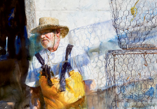 Trap, a portrait of third-generation crabber Algernon “Algie” Varn in Pin Point, Georgia, who recently had to give up his business on Moon River (watercolor on paper, 21 3/4 by 19 1/4 inches, 2008)