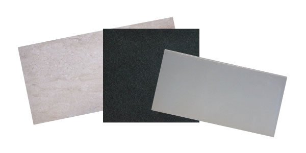 “Shell” natural porcelain 12&quot; x 24&quot; tile, $4.25 per square foot, at  Palmetto Tile; “Absolute Black” polished granite countertop,  $60-$75 per square foot, at Atlantic Stone, LLC; and white porcelain 3&quot; x 6&quot; subway tile, $2.25 per square foot, at Palmetto Tile