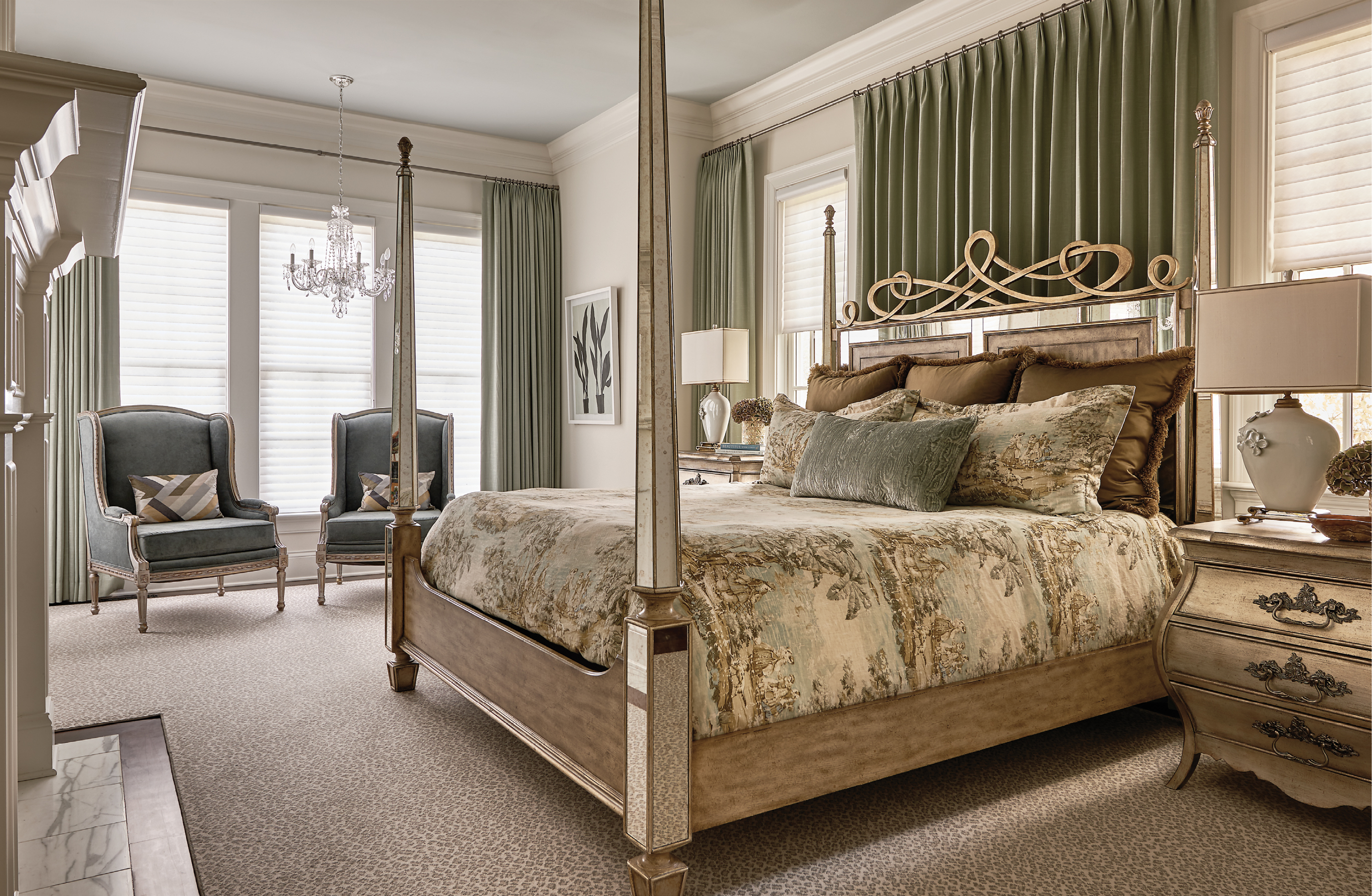 In the master bedroom, greens, golds, and beiges combine to create a soothing palette, with some playful features in the form of a leopard print Stark carpet and Zoffany velvet-covered antique French chairs.