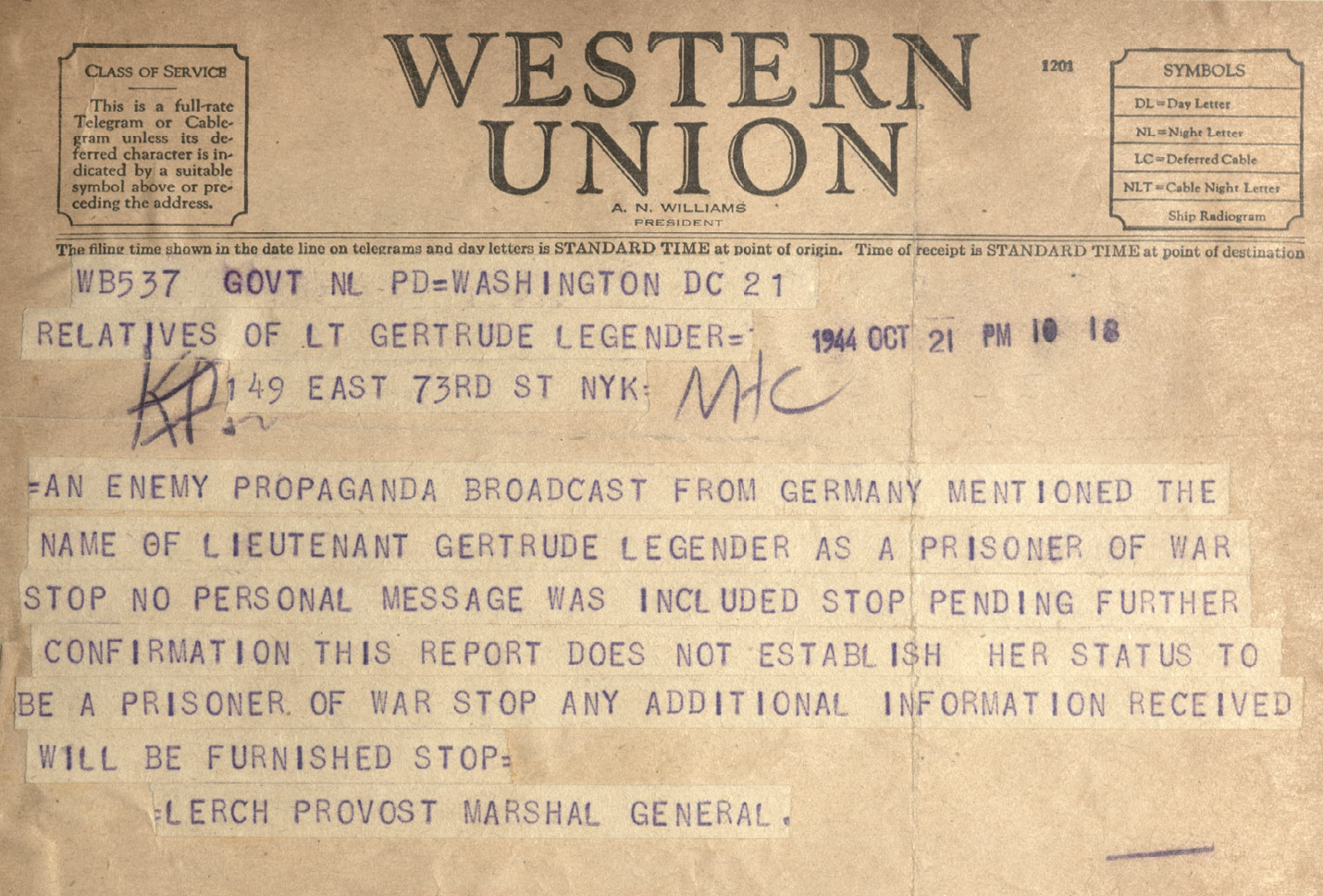 A telegram sent to Gertrude’s family