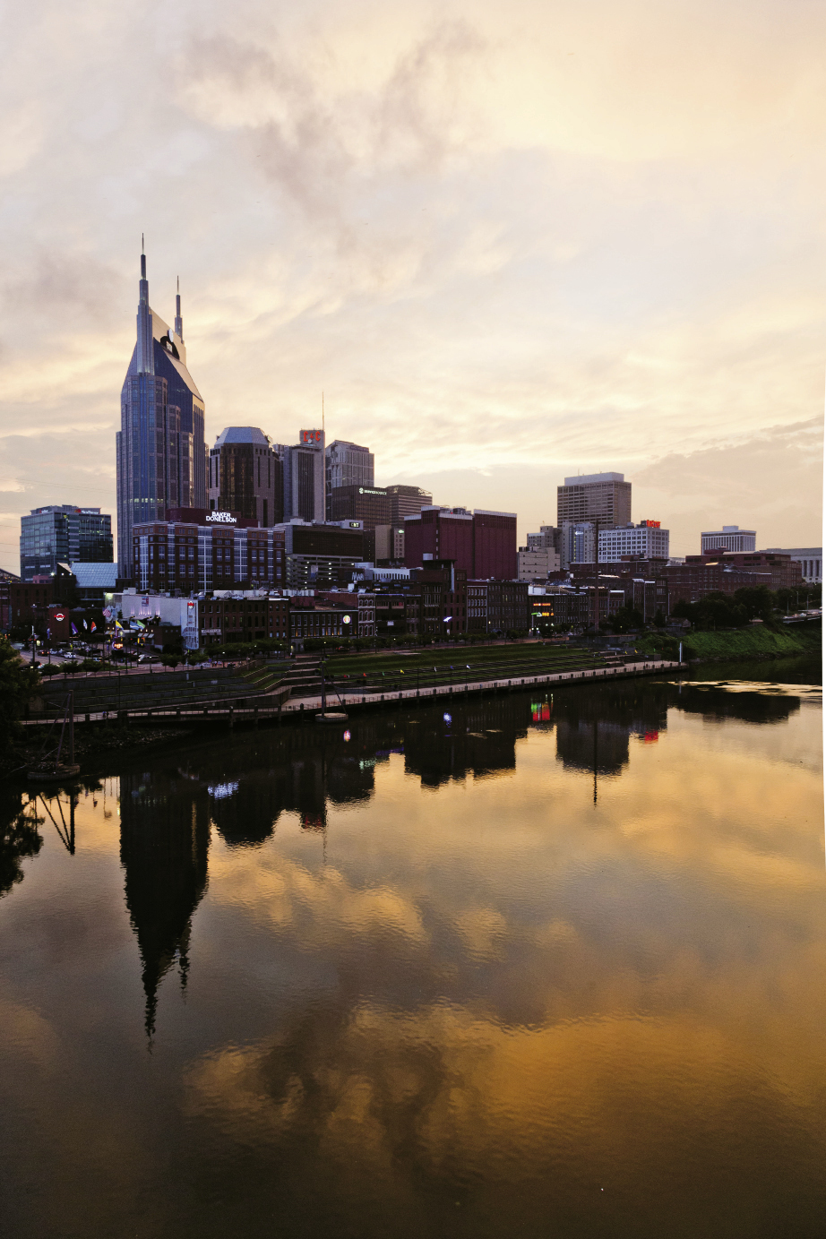 A sunset view of Music City across the Cumberland River