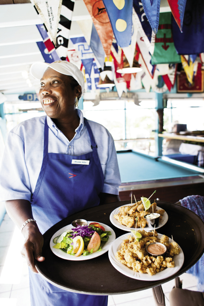 Big plates of fried fish and conch fritters are served all day at the Staniel Cay Yacht Club. Staniel Cay has its own airport