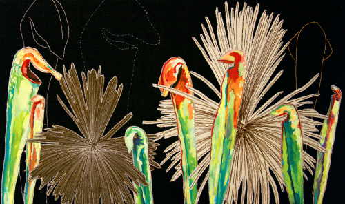 Pitchers and Longleaf, 2010, 20&quot; x 30&quot;, oil on canvas, linen, cotton embroidery floss, and thread