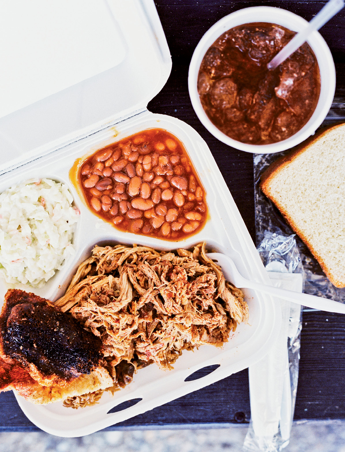 Pulled pork, chicken, and sides from Scott’s Bar-B-Que, Rodney Scott’s family’s place in Hemingway