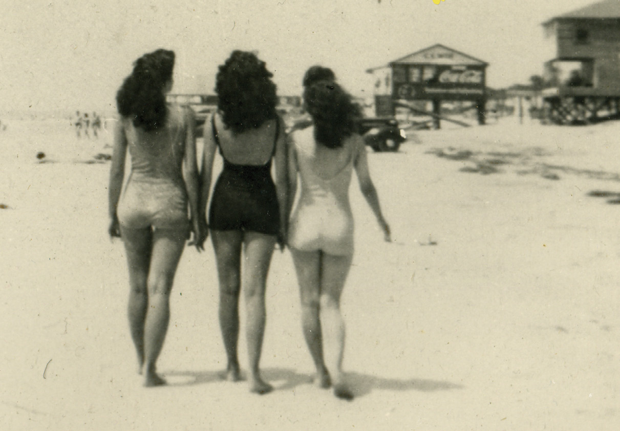 Marguerite Strickland Stith (center) with sister Rosie and a friend walking on Folly Beach, circa 1950