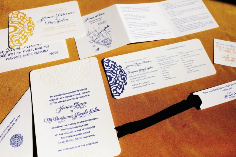 IRON CLAD: The letter pressed stationery suite from Dulles Designs featured calligraphy by Elizabeth Porcher Jones and a graphic that mimicked Charleston ironwork. Calder Clark Designs peppered the pattern throughout the reception’s décor, too, on drum shades, throw pillows, napkins, and tablecloths.