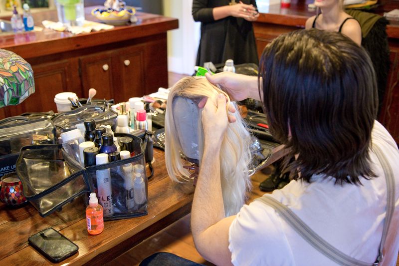 Cash Lawless, for Magnet NY, prepping the wig using Bumble and Bumble; photo by Mac Kilduff