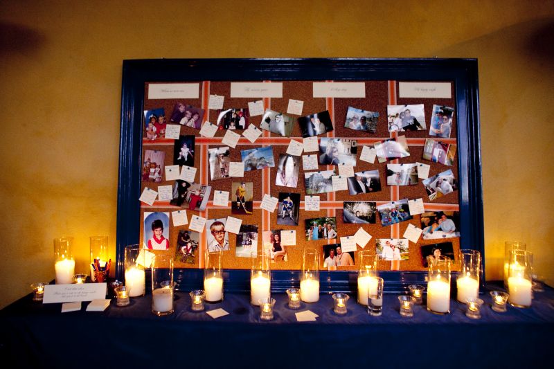 TIME FLIES: In lieu of a guest book, Calder came up with a “through the ages” board. Photos from four different periods of the bride and grooms’ lives decorated a bulletin board (the early years, the school years, their time in college, and while they dated). Guests wrote notes about when they met either the bride or groom, then pinned them near a photo from that period.