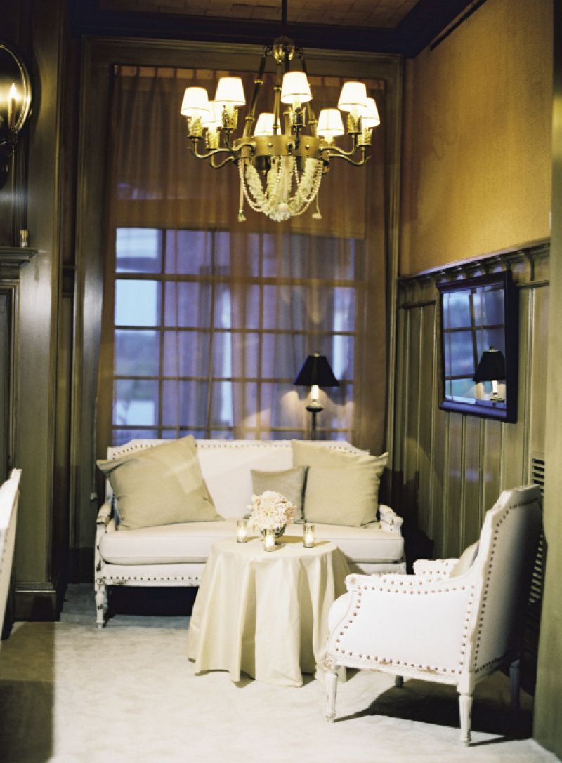 LOUNGING AROUND: Soirée filled the clubhouse with intimate seating areas and dressed chandeliers with ropes of pearls and garlands of flowers. &quot;The roses and candlelight created a beautiful, romantic atmosphere,&quot; says Crystal.