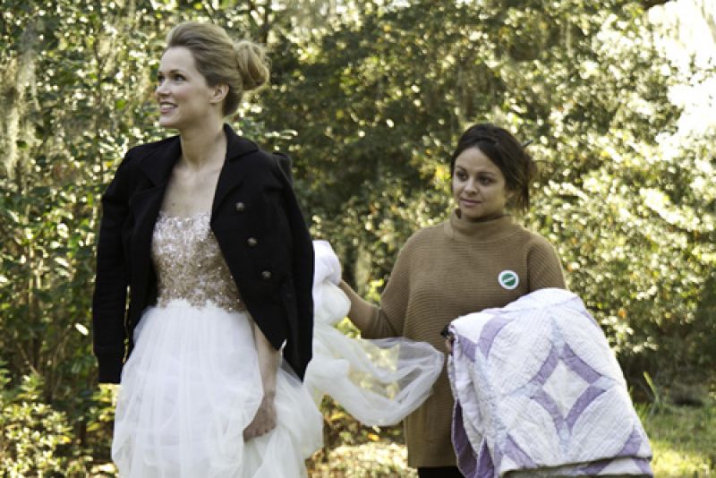 We shot this “spring” story in December, which meant cold mornings (thus the quilt, held by style assistant Angelika, jacket, and sweater). Lucky us, a warming snap hit and even the azaleas were blooming. It looked—and felt—like a real Charleston spring.