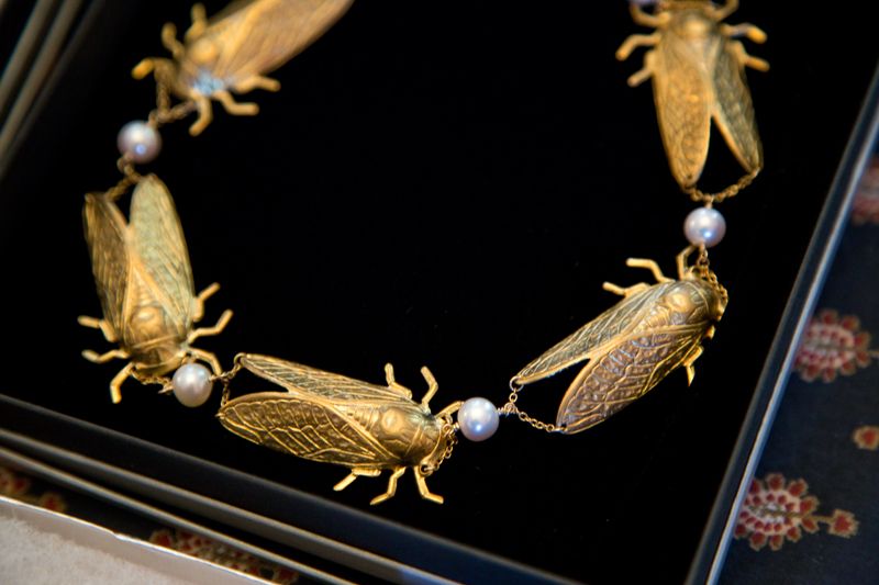Gold bug and pearl necklace from Croghan&#039;s Jewel Box; photo by Mac Kilduff