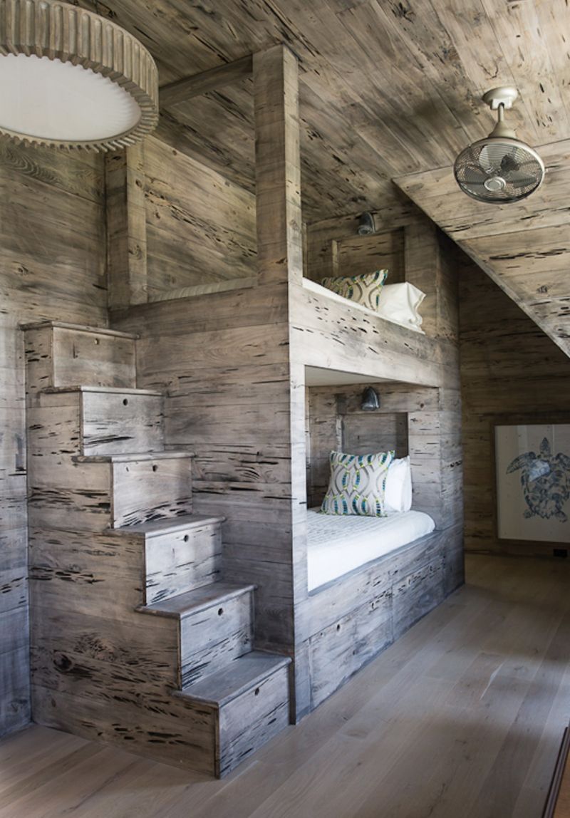 Wood Works - North Carolina-based interior designer David Smith employed many organic elements in this beach house, including pecky cypress throughout the bunk room for a more relaxed feel.  Location: Isle of Palms (owned by Mary and Mike Lamach) Issue: June 2018, “Home Away”  Photographer:  Julia Lynn