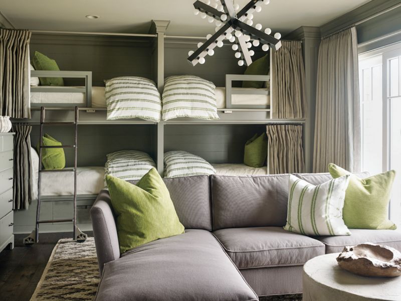 Lime Aid - This bunk room’s cool comforts include the slate grey walls, shag Moroccan carpet, and pops of lime green.  Location: Kiawah Island (owned by Leah and Gee Aldridge) Issue: July 2018,  “Style &amp; Substance”  Photographer: Emily  Jenkins Followill