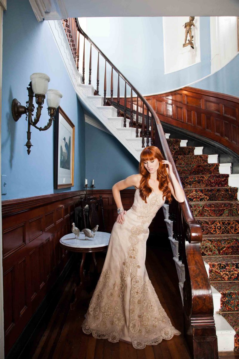 A STEP ABOVE: Anne Barge’s “Augusta” silk organza gown in toffee with vintage-inspired embroidery from White. 14K gold ring with diamond and 4.17 ct. rose amethyst from Croghan’s Jewel Box. Silk chiffon bracelet with rhinestones from Out of Hand. Badgley Mischka’s “Babette” peep-toe heels from Gwynn’s.