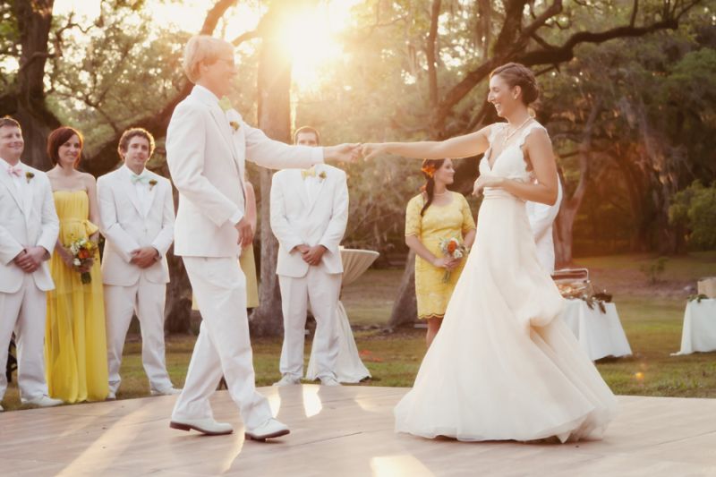 FIRST (MATE) DANCE: Naturals on the water, the bride and groom proved this to be equally true on the dance floor enjoying a first dance as the sunset gleamed through the trees.