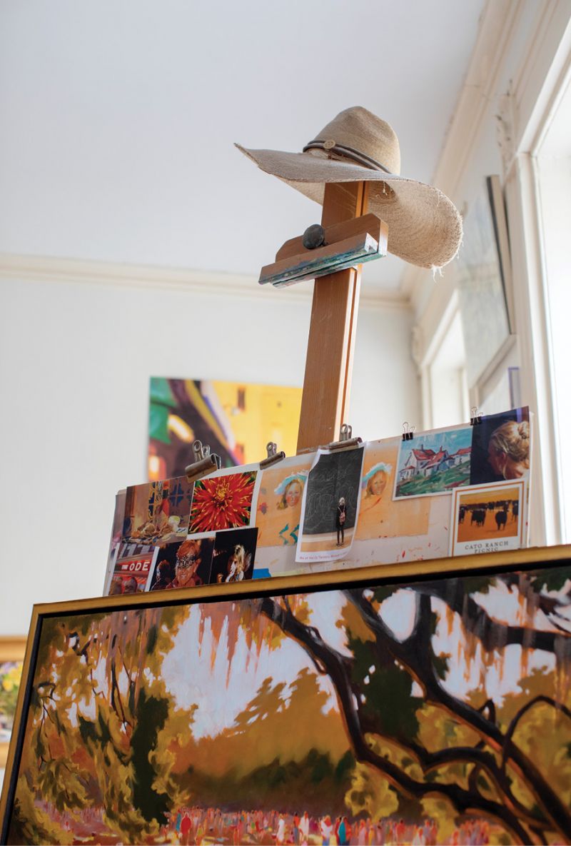 Her easel, bequeathed to her by a former art professor and mentor at Queen’s University of Charlotte, is wreathed by an ad-hoc mood board of sorts—photos, studies, and sentimental images.
