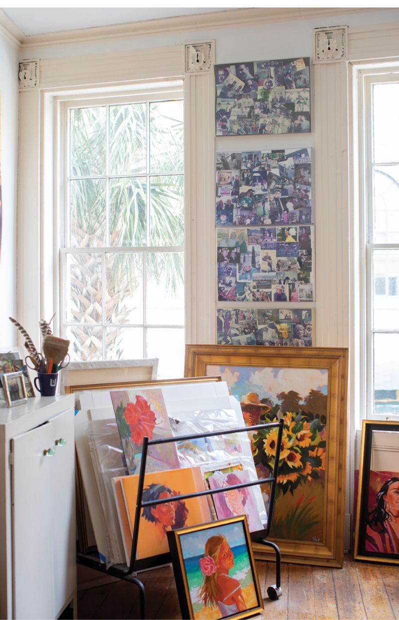 She keeps photo collages of family and longtime local artist friends, including Betty Anglin Smith, Eva Carter, and Margaret Petterson, just beyond her easel. “Having their faces looking at me is encouraging,” she says.