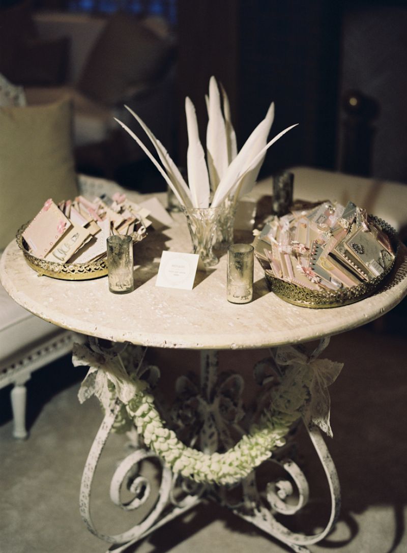 GETTING CRAFTY: “I used postcard-sized pieces of wood from Michaels and decorated them with stationery, lace, and pearls,” says Crystal, explaining how she made the cards for guests and their well wishes. Feathered pens completed the look.