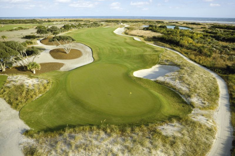 The narrow deep green of the  480-yard, par-4 hole 6