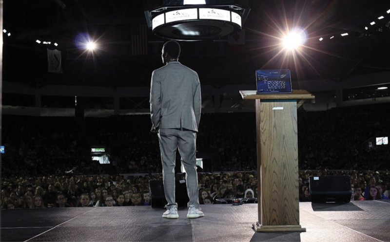 Speaking to a school assembly, where Chris continues to share the message that “love is always stronger than hate.”