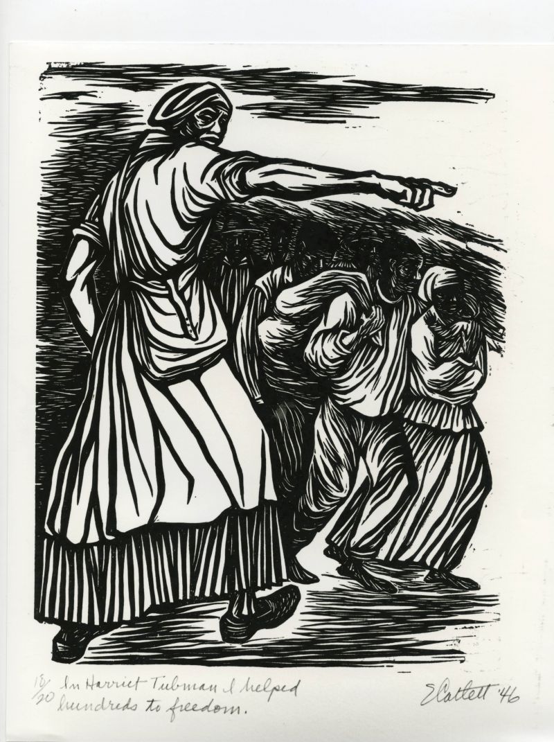 In Harriet Tubman I Helped Hundreds to Freedom by Elizabeth Catlett (linocut 18/20, 15 x 11 inches, 1946, reprinted in 1989.