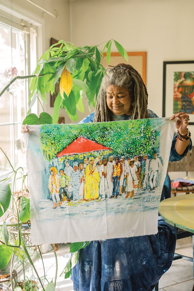 While in residence at the Gibbes this spring, the artist created this batik painting to memorialize the reburial of enslaved people’s remains on the grounds of the Galliard.