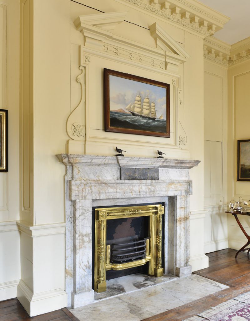 The original carved wood mantel of the Miles Brewton House’s north parlor was moved to an upper room when marble mantelpieces came into vogue.