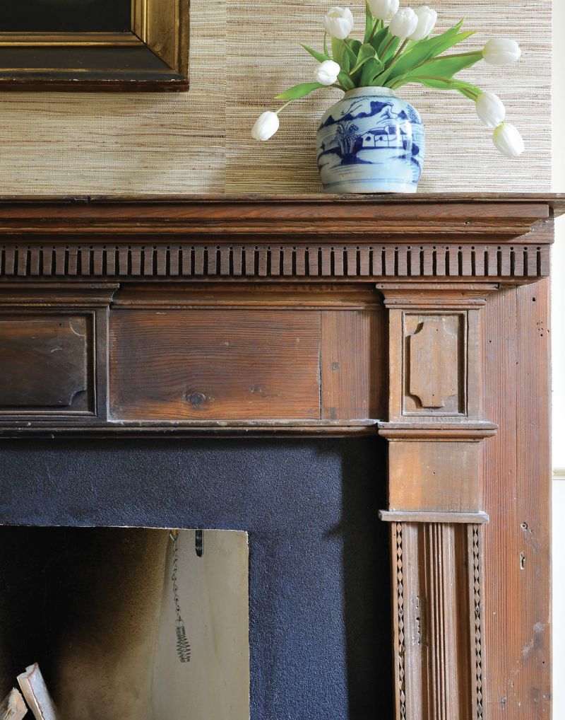 A gouge-work mantel executed by an African American craftsman was salvaged from the homeowner’s ancestral plantation.