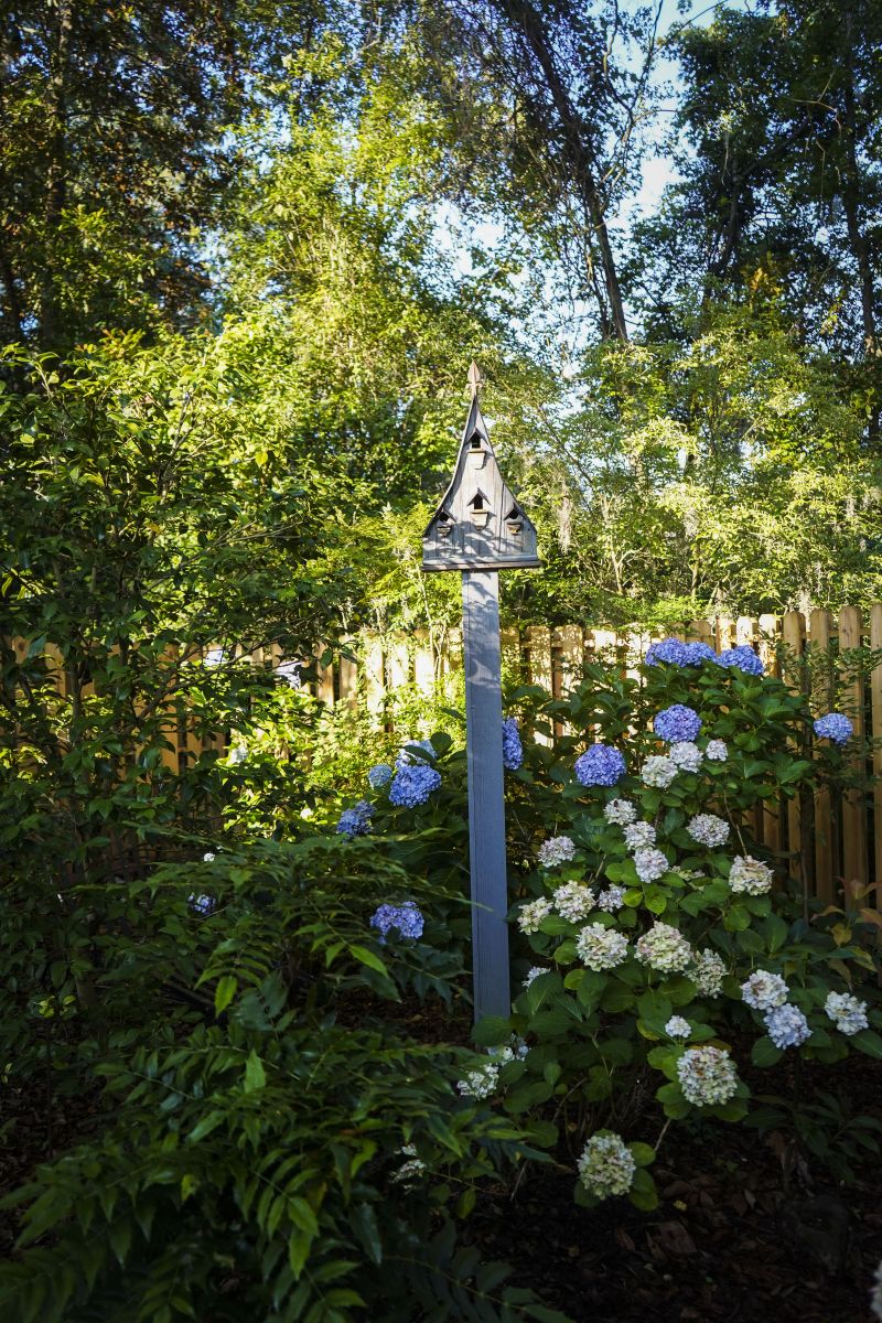Great Accommodations: ”Birds come to splash and drink and eat from my feeders, but not a single one has ever lived in the houses I put up!” she says, pointing to numerous residences that at least provide charming gathering points for plantings such as ’Charity’ mahonias and hydrangeas.