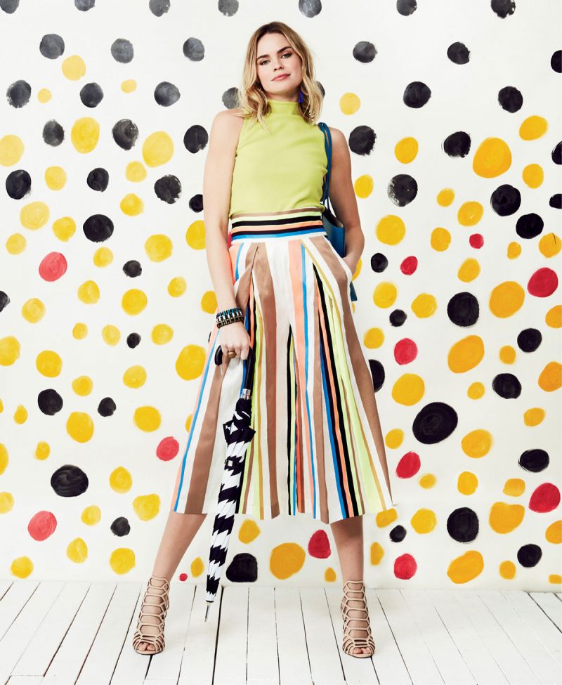 Milly high-neck tank, $195, and Milly linen “Fluo Stripe Culottes,” $450, both at Gwynn’s of Mount Pleasant; Nocturne turquoise and grey bead bracelet, $145 at Beckett Boutique; copper, zinc, and 14K gold dome cocktail ring, $56 at Hidden Countship; Remi &amp; Reid “Departure” tote, $84 at Out of Hand; umbrella, $26 at American Apparel; and Steve Madden “Slithur” caged sandals in “blush nubuck,” $109 at Belk.