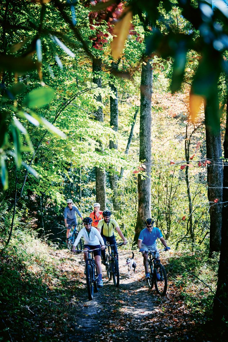 Fat Tire Fun: Stephanie and Noel Hunt—along with Charleston friends John Duckworth (and dog Rosie), Gloria Wilson, and Robert Prioleau—pedal along the trails at REEB Ranch, which lead to a broader trail network at DuPont State Forest.