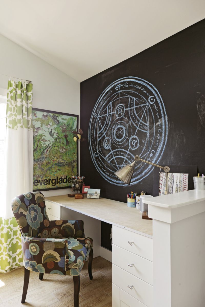 “I’m a big fan of built-ins,” Mathis says. In the girls’ rooms, she designed desks into the layout.