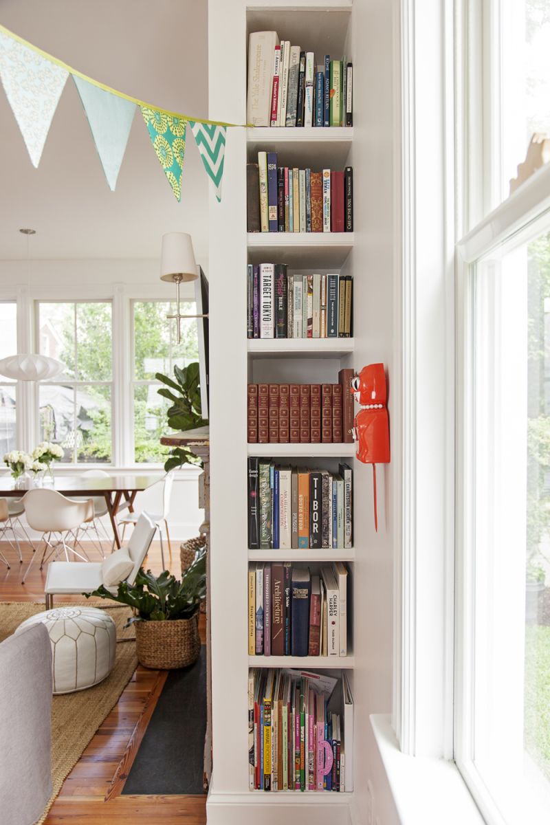 Top Shelf: Built into the side of the fireplace, this bookshelf provides not-quite-hidden storage.