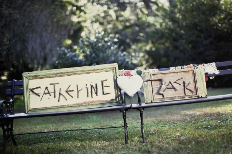 A GOOD SIGN: Catherine’s uncle Ron Rader, owner of Antebellum Restorations in Prosperity, South Carolina, made signs for the couple from salvaged wood. The gift now hangs in the newlyweds’ home.