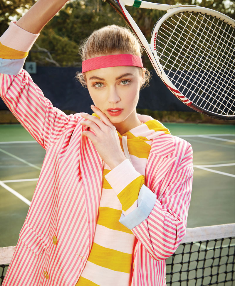 Grand Slam: Scotch &amp; Soda oversized striped blazer, $198, and tailored shorts, $98, both at Scotch &amp; Soda; J.Crew vintage cotton terry hoodie in “Molly Stripe Pink Sun,” $80 at J.Crew; headband, $4 at Nordstrom Rack