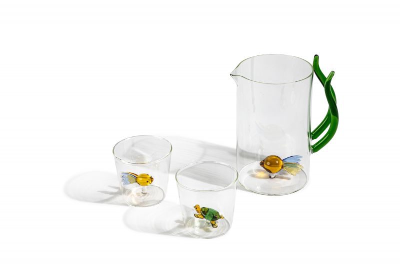 Hand-blown glass tumblers, $18, and pitcher, $80 at Elizabeth Stuart