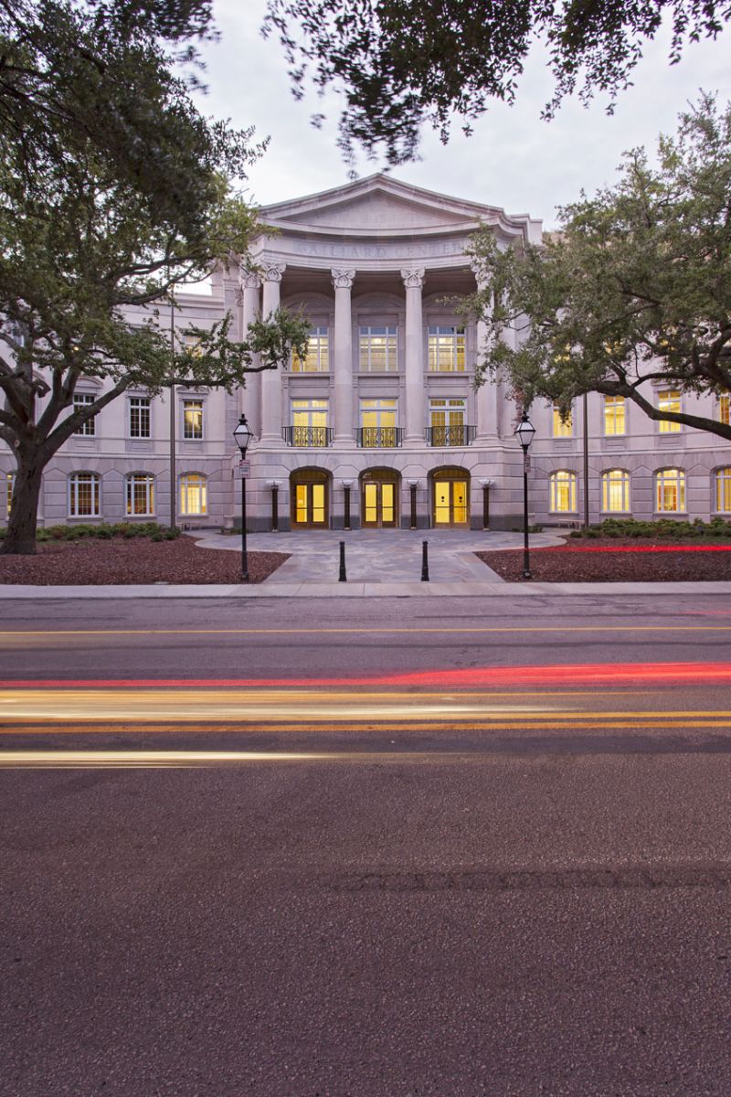 The George Street entrance; the 12 exterior pilaster capitals were hand-carved by the artisans of Bybee Stone Company of Bloomington, Indiana, which sourced the 1,500 tons of Indiana limestone used in the project.