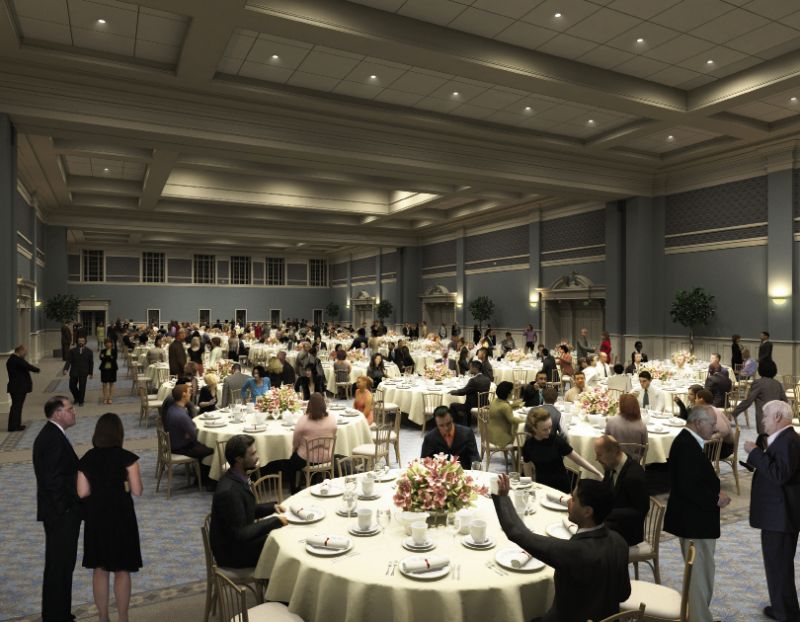 Galas &amp; Groups Galore Long gone is the “welcome to the basement” feel of the old Gaillard Exhibition Hall. Now, there are elegant gathering spaces for celebrations of all sorts. The new ground-floor portion of the Exhibition Hall is about one-third larger than its predecessor. The Grand Ballroom comprises three partitioned and acoustically controlled sections (approximately 4,200 square feet each), allowing for flexible configuration, as well as pre-function spaces, kitchen and service facilities, four salons, and a 7,500-square-foot terrace.